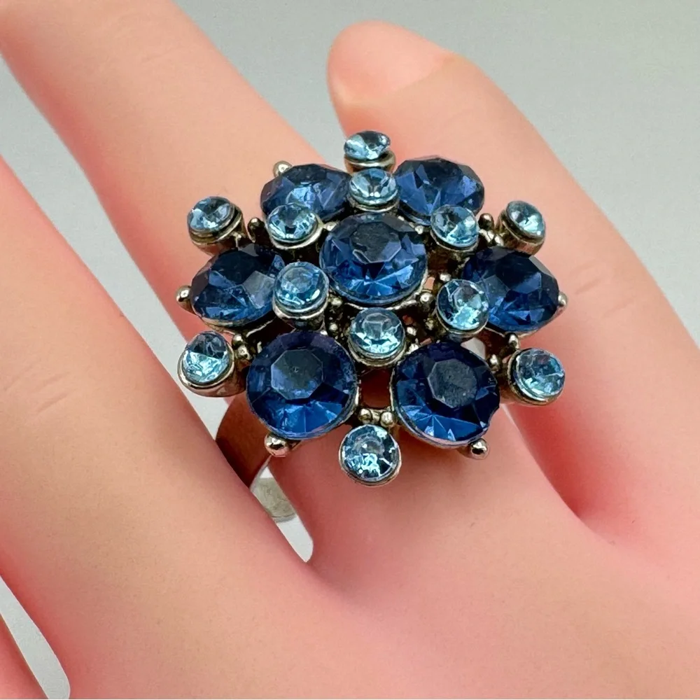 Silver Tone Blue Crystal Rhinestone Flower Adjustable Statement Ring